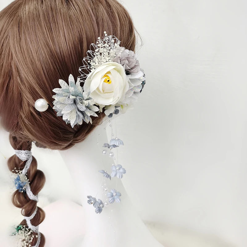 Japanese Ethnic Fabric Flower Hair Accessories Clip Tassel Kimono Lolita Clothing Hairpin Headdress Barrette Festvial Hairpins